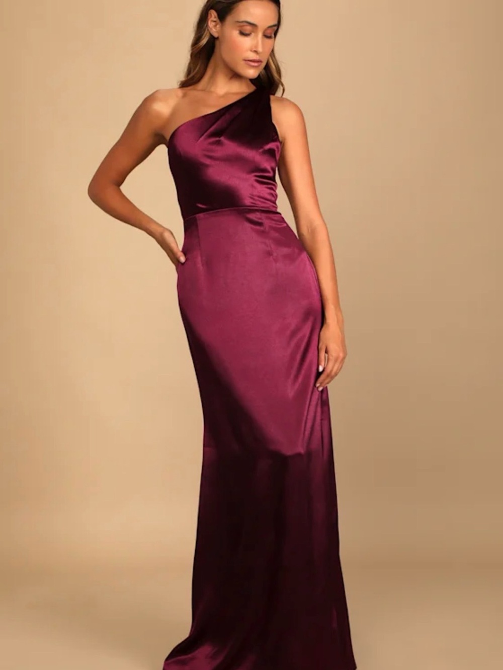 NWT Lulus Burgundy Satin One-Shoulder Maxi Dress